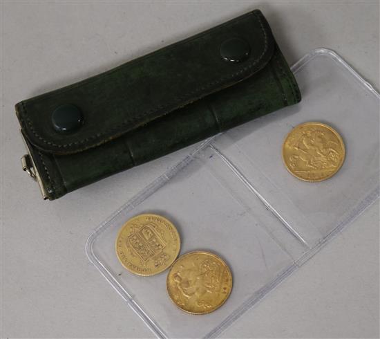 Three gold half sovereigns, 1915, VF, 1914, VF and 1856 worn.